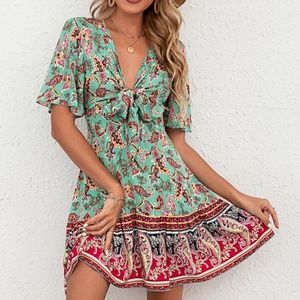 Boho Green Floral Paisley Print Butterfly Sleeve Mini Dress